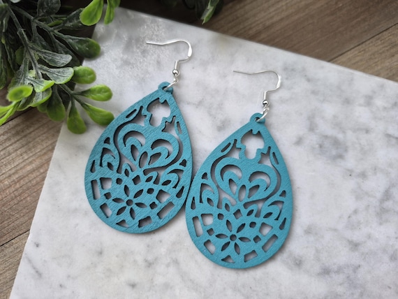 Large Wooden Teardrop Earrings, Modern Teal Dangle Earrings.