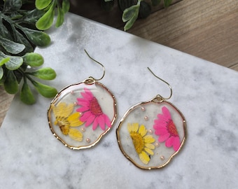 Pink and Yellow Daisy Resin Earrings: Real Pressed Flower Dangle.