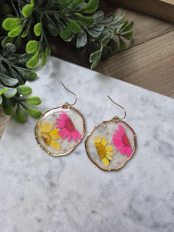 Pink and Yellow Daisy Resin Earrings: Real Pressed Flower Dangle.