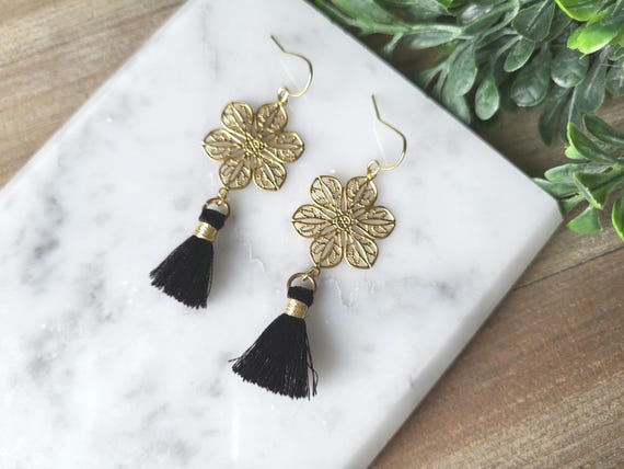 Gold Filigree Flower Tassel Earrings.