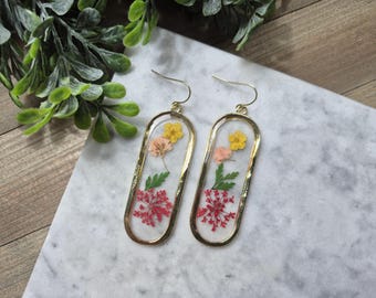 Large Flower Resin Earrings: Real Pressed Flower Dangle.