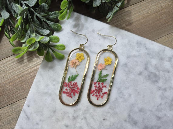 Large Flower Resin Earrings: Real Pressed Flower Dangle.
