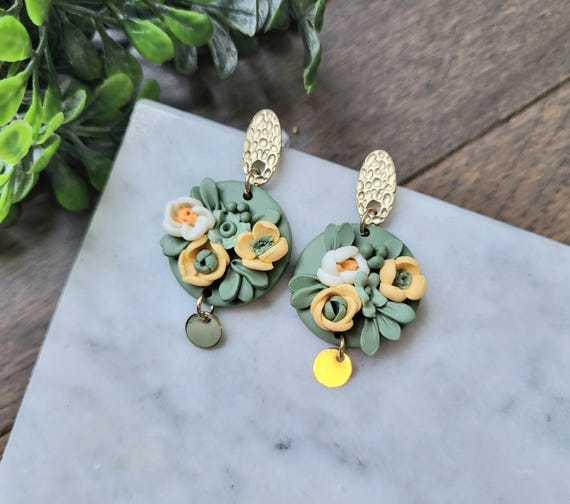Small Olive Green Floral Heart earrings