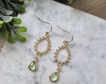 Gold Plated Teardrop Earrings with Glass Gemdrop: Minimalist Jewelry