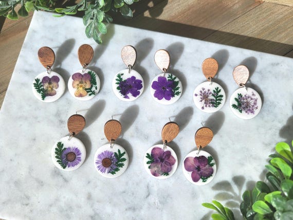 Purple Dried Flower Dangle Earrings.