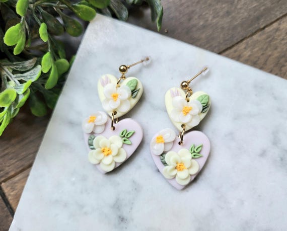 Double Heart Pastel spring floral earrings