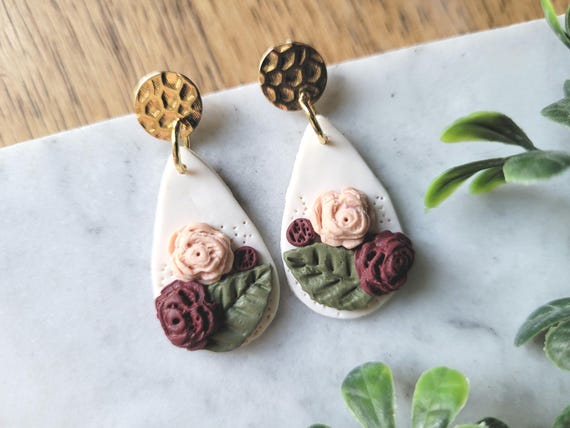 Blush and Wine Rose Earrings.
