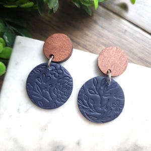 Navy Blue Floral Dangle Earrings: Wood Studs, Lightweight.