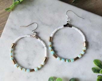 Mint Green Beaded Dangle Earrings: Sterling Silver Hooks, Boho Chic.