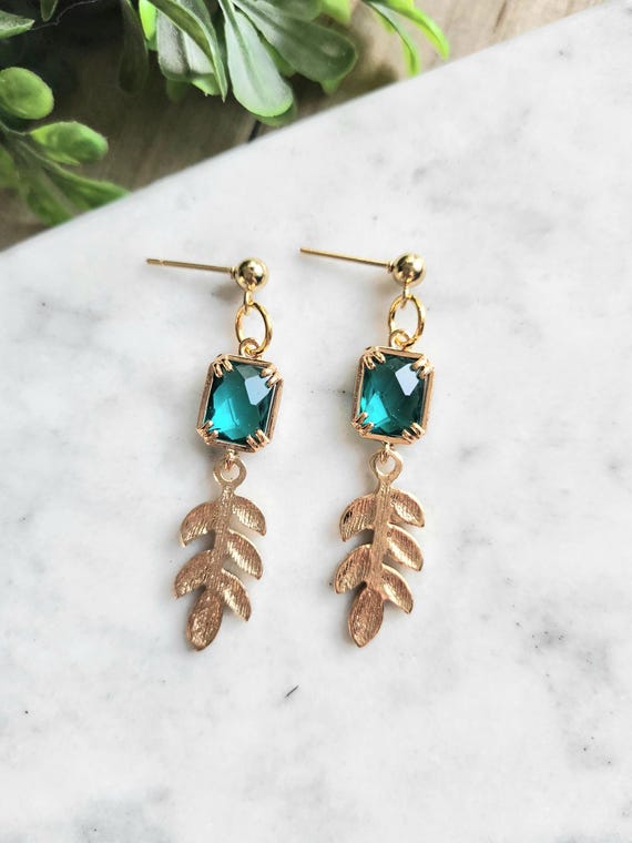 Dark Teal Gem Dangle Earrings