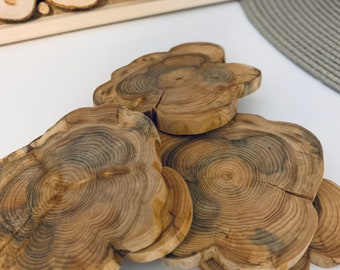 Posavasos de madera de enebro: rodajas naturales, juego decorativo de 6