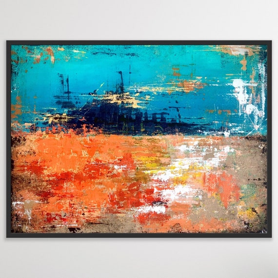 Blue Orange Abstract Art: Large Mixed Media Canvas (60x80cm) - Etsy