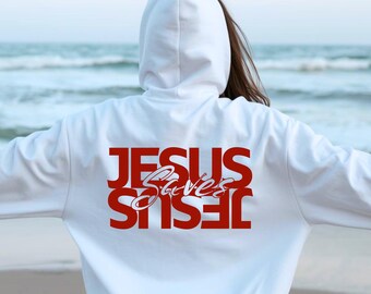 Jesus Saves Hoodie Christian Faith Sweatshirt Mirrored Script Aesthetic Religious Hoodie Gift for Her