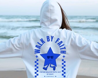 Walk by Faith Hoodie Christian Scripture Pullover Sweatshirt Unisex Navy Star Design Religious Hoodie Gift