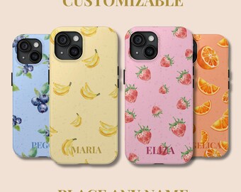 Personalized Fruit Phone Case Custom Name iPhone & Samsung Watercolor Fruit Aesthetic Case Cute Gift for Her