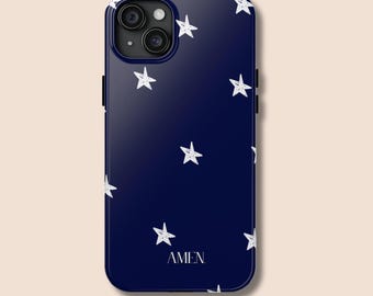Celestial Stars Phone Case for iPhone 17 / Samsung S24 • Navy Hand‑Drawn Pattern • Christian Faith Accessory • Tough Protective Cover