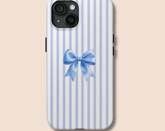 Blue Striped Bow Phone Case, Protective Coquette Design
