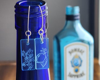 Gin Bottle Earrings | Upcycled Bombay Sapphire | Sterling Silver | Recycled Glass Jewelry | Ecofriendly Earrings