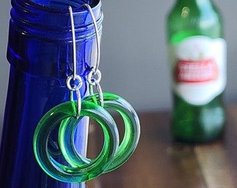 Beer Earrings | Upcycled Stella Artois Bottle | Green Hoops | Sterling Silver | Beer Gift for Her