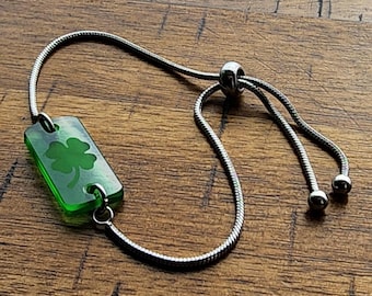 Upcycled Jameson Bottle Bracelet | Green Shamrock Bracelet | Stainless Steel Bolo