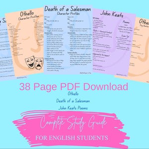 May include: A collection of study guides for English students, featuring "Othello," "Death of a Salesman," and John Keats poems. The guides are on colorful pages with text and illustrations, including a sword and theater masks. The text "Complete Study Guide" is also visible.
