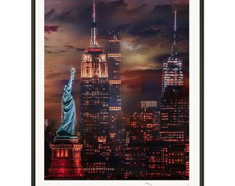 Statue of Liberty & NYC Skyline Night Wall Art – Framed Metal Print | Elegant New York City Decor
