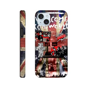 Puede incluir: Una funda para teléfono con un collage de imágenes y texto. El texto incluye "Welcome to the World", "Wrong" y "Depeche Mode". El fondo es una bandera de la Union Jack roja, blanca y azul.