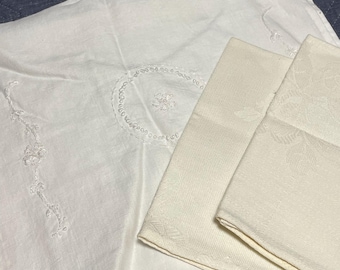 Vintage Linens 3 pcs Antique Linens Handmade Napkins Embroidered Table Runner Tray Cloth