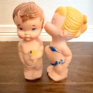 Vintage 1964 Holland Hall rubber Squeak Toys - Boy & Girl Pair