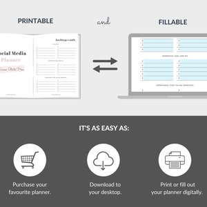 May include: A printable and fillable social media planner. The planner includes sections for hashtags and social media planning. The image also shows a laptop with a digital version of the planner and instructions on how to purchase, download, and print.
