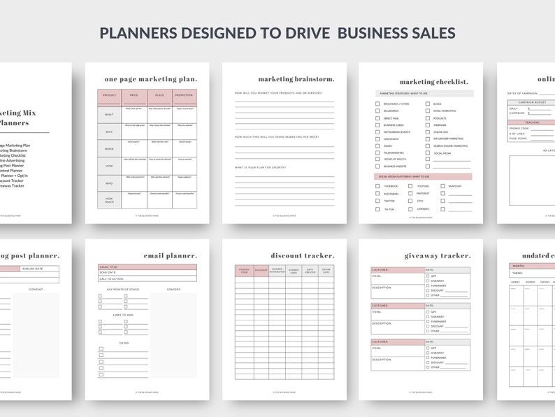 May include: A collection of white business planner pages with pink accents. The planners include sections for marketing, email, and discount tracking. Text at the top reads "PLANNERS DESIGNED TO DRIVE BUSINESS SALES."