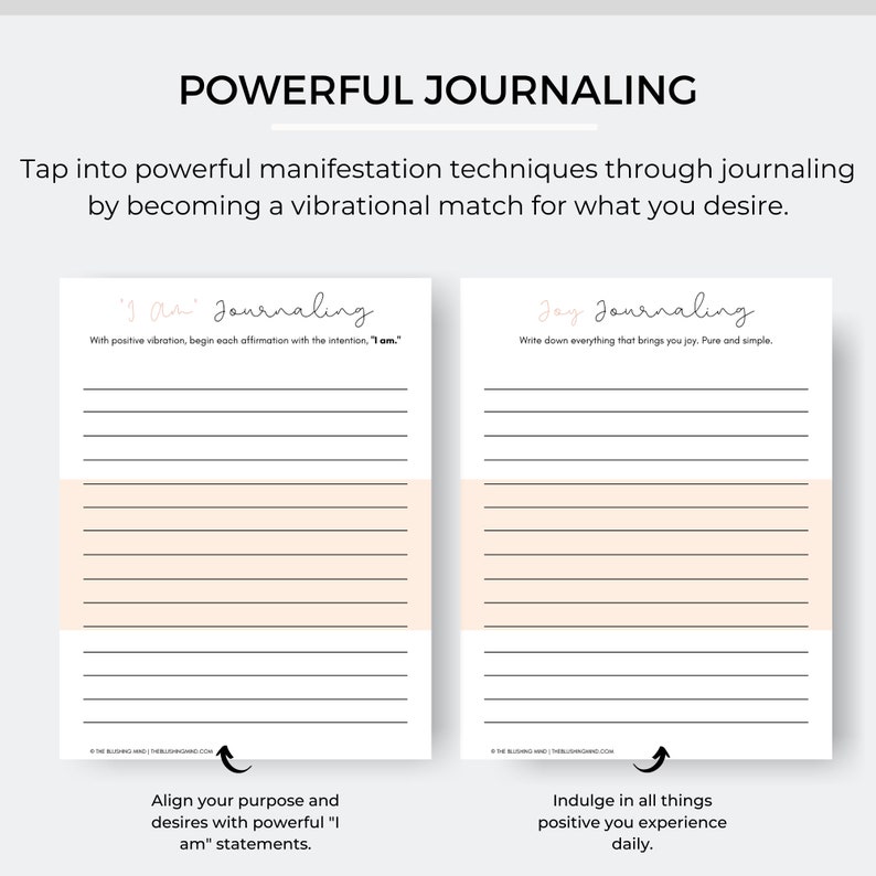 May include: Two printable journaling pages with pink and white backgrounds. The left page is titled "I Am" Journaling and the right page is titled "Joy" Journaling. Both pages have lined spaces for writing.