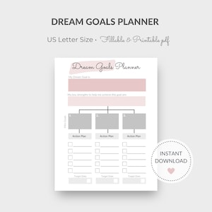 Op de afbeelding: Een printbare droomdoelplanner met een roze en grijs kleurenschema. De planner bevat secties voor een droomdoel, sterke punten, mini-doelen, actieplannen en streefdata.