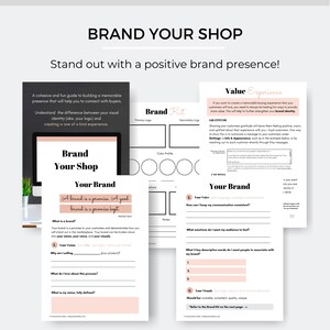 K&ouml;nnte beinhalten: Arbeitsbl&auml;tter mit dem Text "BRAND YOUR SHOP" und "Stand out with a positive brand presence!". Sie behandeln Markenidentit&auml;t, Kundenerlebnis und Elemente des Marken-Kits. Das Design ist in Schwarz-Wei&szlig; mit rosa Akzenten gehalten.