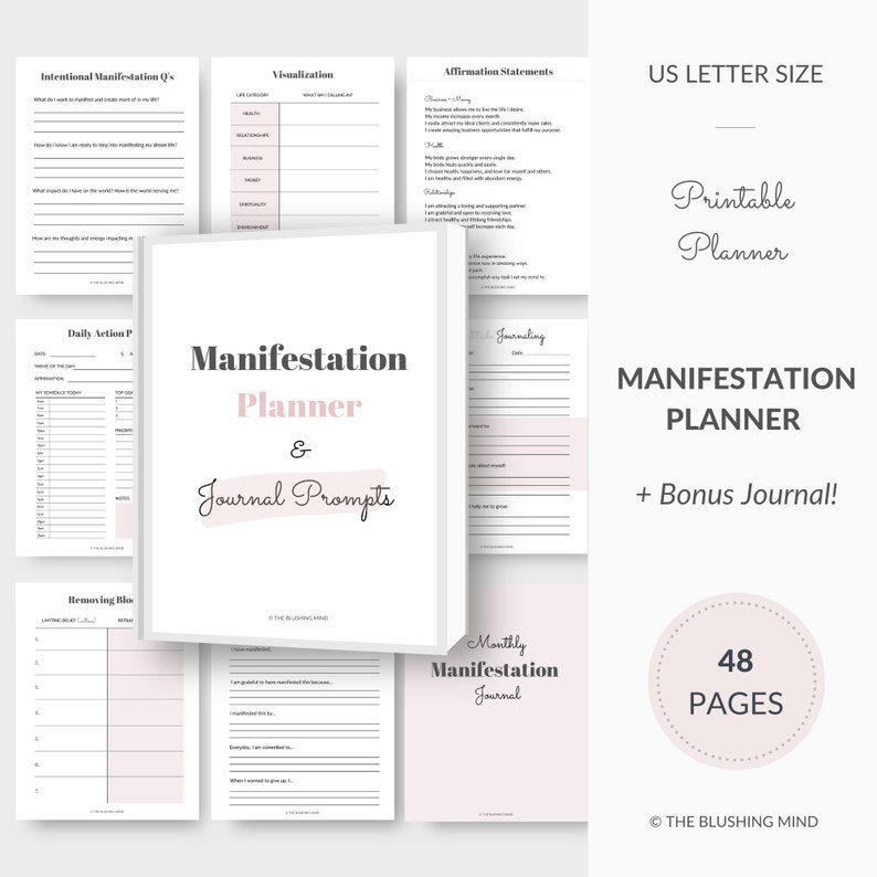May include: A printable manifestation planner and journal with 48 pages. The planner includes sections for intentional manifestation questions, visualization, affirmations, daily action plans, removing blocks, and journaling. The journal has a pink and white color scheme with a minimalist design.