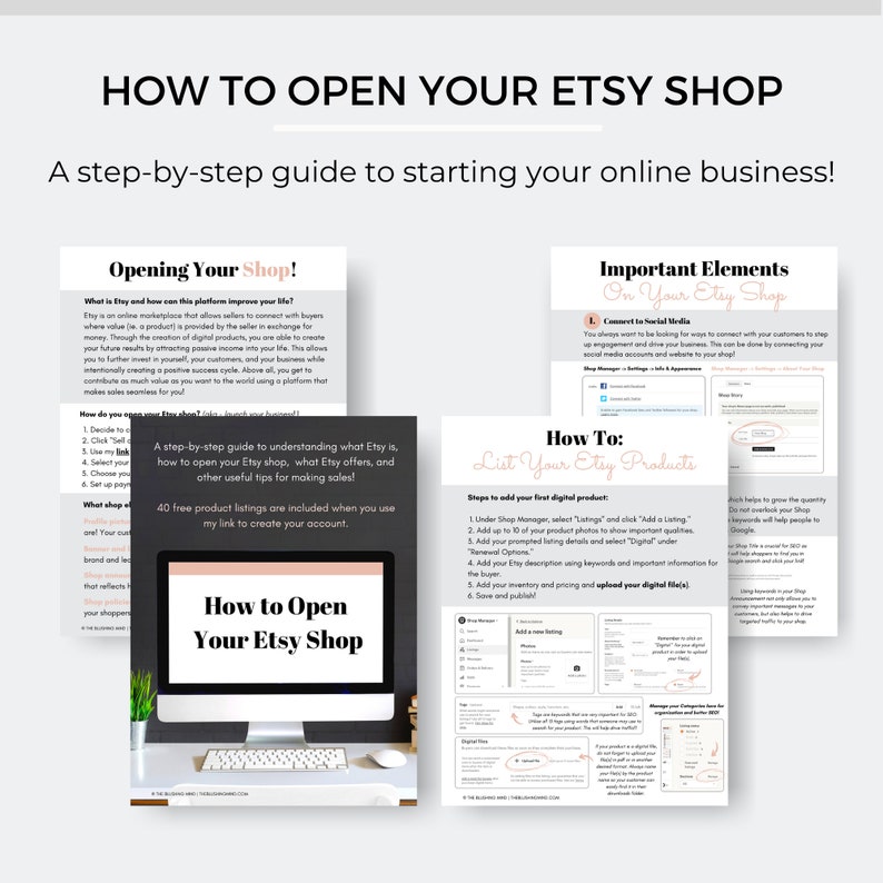 K&ouml;nnte beinhalten: Ein Leitfaden mit dem Titel "HOW TO OPEN YOUR ETSY SHOP" mit dem Untertitel "Eine Schritt-f&uuml;r-Schritt-Anleitung f&uuml;r den Start Ihres Online-Gesch&auml;fts!" Der Leitfaden enth&auml;lt Abschnitte zum Er&ouml;ffnen eines Shops, wichtige Elemente und zum Auflisten von Produkten.