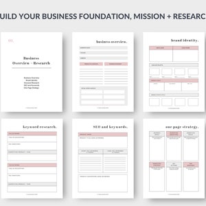 May include: A set of six printable business planning worksheets with a minimalist design. The worksheets include sections for business overview, brand identity, keyword research, SEO, and one-page strategy. The pages are white with pink and gray accents.