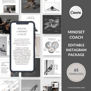 May include: A collection of 65 editable Instagram templates for mindset coaches. The templates feature a black and white colour scheme with minimalist design elements. The text "Mindset Coach Editable Instagram Package 65 Templates" is displayed in a white circle on a grey background.