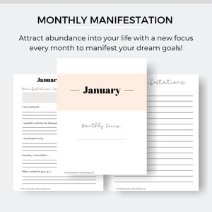 May include: A printable monthly manifestation journal with a pink background and black text. The journal includes sections for January's manifestation goals, monthly focus, and manifestations.