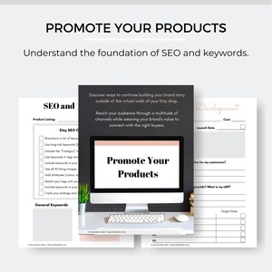 K&ouml;nnte beinhalten: Ein digitaler Marketing-Leitfaden mit dem Text "PROMOTE YOUR PRODUCTS" auf einem Computerbildschirm. Das Bild enth&auml;lt Arbeitsbl&auml;tter mit SEO-Checklisten und einen Abschnitt f&uuml;r allgemeine Keywords.