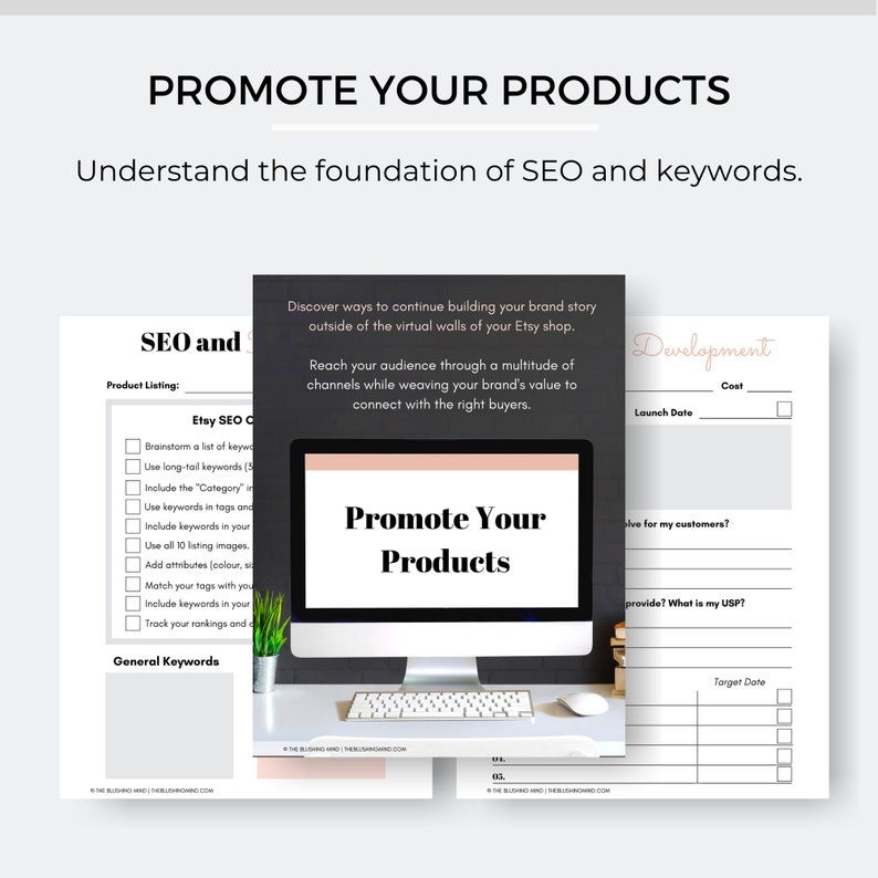 K&ouml;nnte beinhalten: Ein digitaler Marketing-Leitfaden mit dem Text "PROMOTE YOUR PRODUCTS" auf einem Computerbildschirm. Das Bild enth&auml;lt Arbeitsbl&auml;tter mit SEO-Checklisten und einen Abschnitt f&uuml;r allgemeine Keywords.