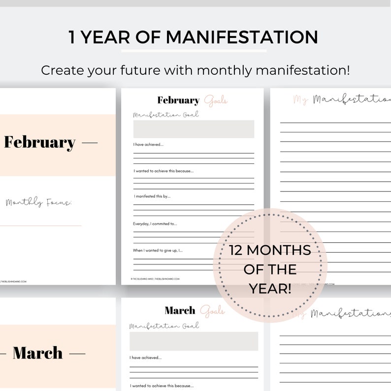 May include: A printable worksheet for setting monthly manifestation goals. The worksheet includes sections for a manifestation goal, what you have achieved, why you wanted to achieve it, how you manifested it, and your daily commitment. The worksheet also includes a section for when you wanted to give up. The worksheet is titled "1 Year of Manifestation" and "12 Months of the Year!"