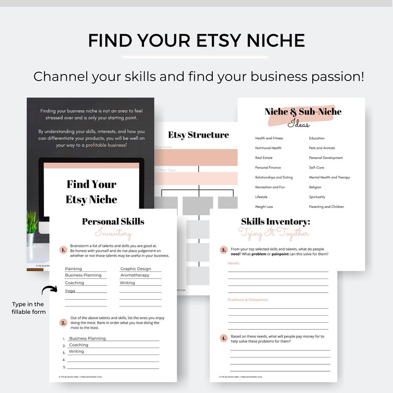 K&ouml;nnte beinhalten: Eine Sammlung von ausdruckbaren Arbeitsbl&auml;ttern und Anleitungen mit dem Text "Find Your Etsy Niche" und "Channel your skills and find your business passion!" Die Arbeitsbl&auml;tter umfassen Abschnitte f&uuml;r pers&ouml;nliche F&auml;higkeiten, Etsy-Struktur und Nischenideen.