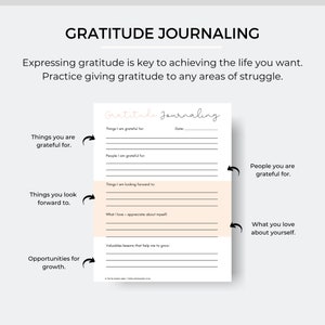 May include: A printable gratitude journal page with a peach background and black text. The page is divided into sections with headings such as "Things I am grateful for", "People I am grateful for", "Things I am looking forward to", "What I love + appreciate about myself", and "Valuables lessons that help me to grow".