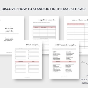 May include: A collection of white paper documents with pink and gray accents, featuring titles like "Situation Analysis" and "SWOT analysis." The text "DISCOVER HOW TO STAND OUT IN THE MARKETPLACE" is at the top. The documents provide examples for market analysis.