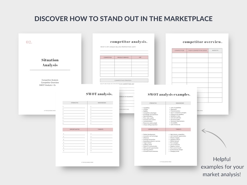 May include: A collection of white paper documents with pink and gray accents, featuring titles like "Situation Analysis" and "SWOT analysis." The text "DISCOVER HOW TO STAND OUT IN THE MARKETPLACE" is at the top. The documents provide examples for market analysis.
