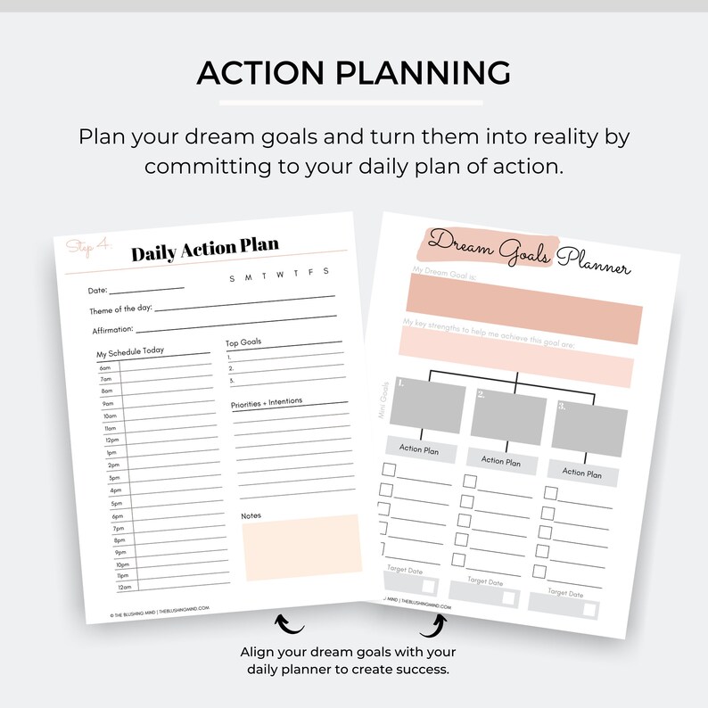 May include: A printable planner with two pages. The left page is titled "Daily Action Plan" and has sections for date, theme of the day, affirmation, schedule, top goals, priorities and intentions, and notes. The right page is titled "Dream Goals Planner" and has sections for dream goal, key strengths, action plan, and target date.