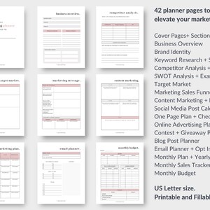May include: A marketing planner with 42 pages, including sections for business overview, competitor analysis, and marketing strategy. The pages are white with pink accents and feature the text "marketing planner" and "US Letter size. Printable and Fillable."