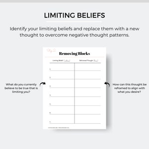 May include: A printable worksheet with a table titled "Removing Blocks". The table has two columns: "Limiting Belief" and "Reframed Thought". There are seven rows for listing beliefs and reframed thoughts. The worksheet is designed to help identify and overcome limiting beliefs.