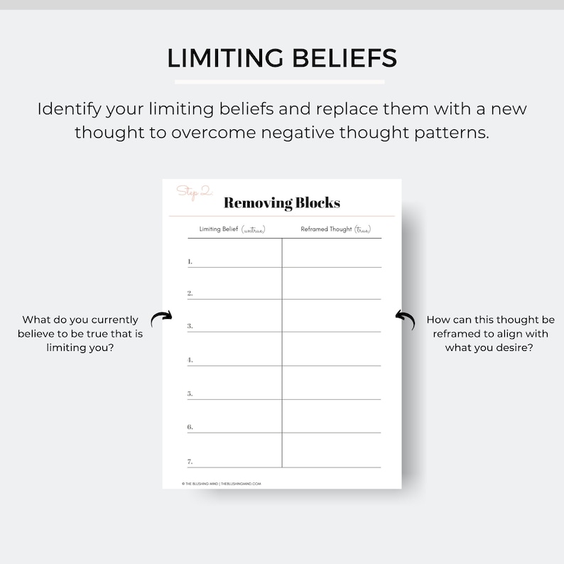 May include: A printable worksheet with a table titled "Removing Blocks". The table has two columns: "Limiting Belief" and "Reframed Thought". There are seven rows for listing beliefs and reframed thoughts. The worksheet is designed to help identify and overcome limiting beliefs.